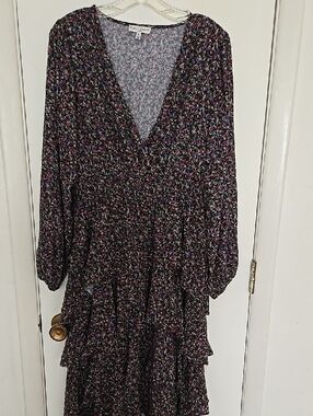 Mango V-Neck Floral Midi Dress in Black and Purple